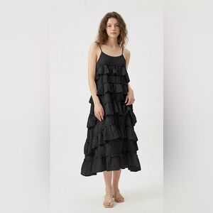 Stylenanda Black Tiered Ruffle Midi Slip Dress Cotton K-Fashion Fairy Grunge OS